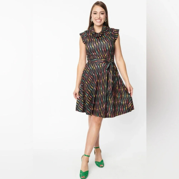 🦋B2G1🦋UNIQUE VINTAGE Black & Rainbow Dots Fit and Flare Dress NWT | SMAL… - Picture 1 of 11